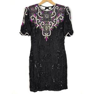 Vintage Laurence Kazar Dress Women's M – Black Silk Beaded Sequin Party Cocktail